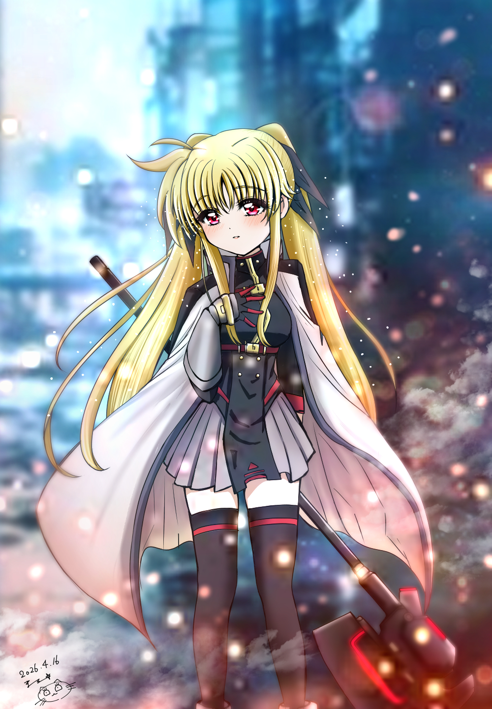 1girl, artist_logo, bardiche_(nanoha), black_thighhighs, blonde_hair, blurry, blurry_background, cape, commentary_request, dated, embers, fate_testarossa, feet_out_of_frame, fingerless_gloves, floating_cape, floating_hair, fth-0529_(malty), gloves, grey_skirt, hair_between_eyes, highres, logo, long_hair, long_sidelocks, lyrical_nanoha, red_eyes, sidelocks, signature, skirt, solo, standing, thigh-highs, twintails, very_long_hair, white_cape