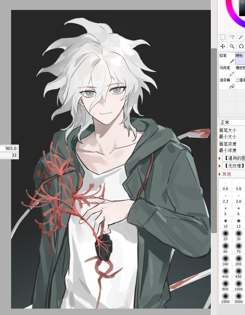1boy, arm_up, art_program_in_frame, black_background, closed_mouth, collarbone, danganronpa_(series), danganronpa_2:_goodbye_despair