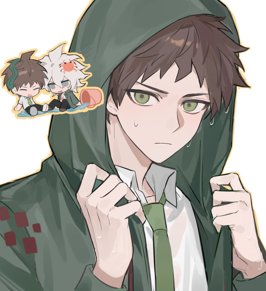 2boys, ahoge, arms_up, black_pants, brown_hair, bucket, chibi, chibi_inset