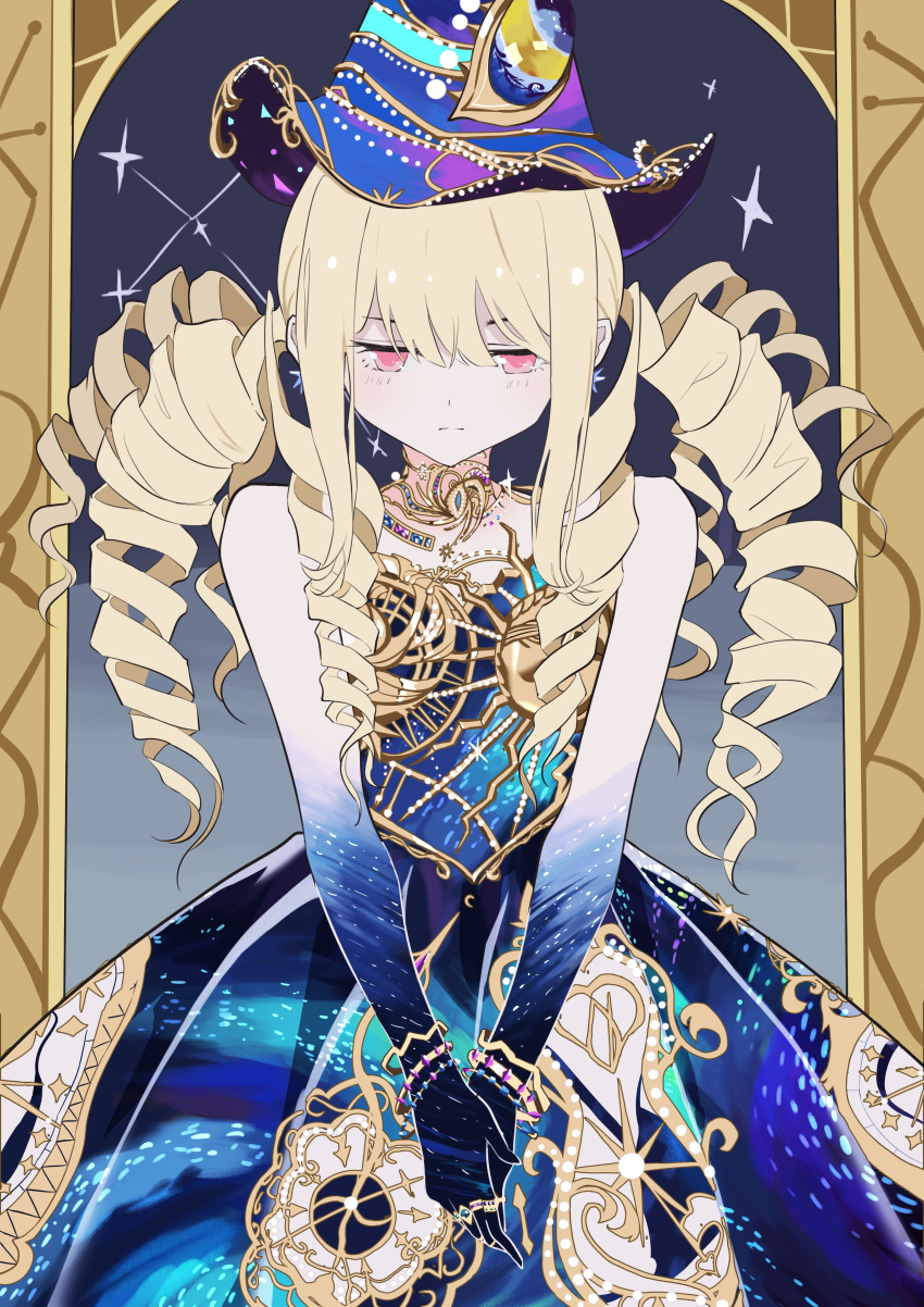 1girl, absurdres, arch, bare_shoulders, blonde_hair, blue_dress, blue_hat, blue_skin