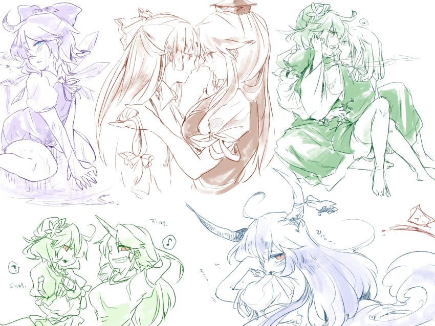 arms_behind_back, blush, cirno, crossed_arms, ex-keine, eye_contact, fujiwara_no_mokou, hair_grab