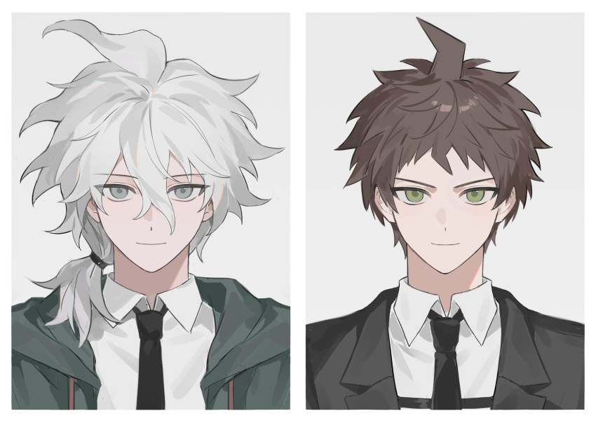 2boys, ahoge, black_necktie, border, brown_hair, closed_mouth, collared_shirt, commentary_request