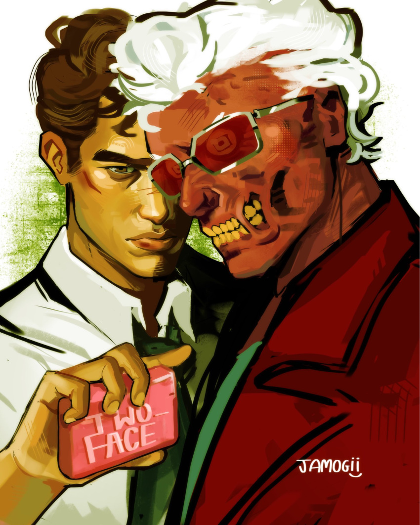 2boys, artist_name, batman_(series), contrast, cosplay, dc_comics, fight_club, harvey_dent