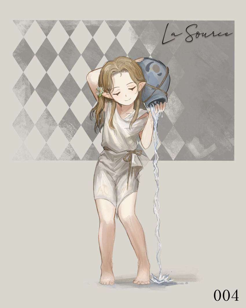 1girl, argyle_background, arm_up, bare_legs, barefoot, brown_hair, character_name, closed_eyes