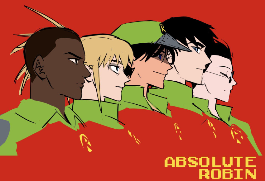 1girl, 4boys, absolute_batman, absolute_dc, black_hair, blonde_hair, commentary, dark-skinned_male, dark_skin, dc_comics, dick_grayson, duke_thomas, highres, jason_todd, multiple_boys, robin_(dc), short_hair, stephanie_brown, superhero_costume, tim_drake, upper_body, vovanixen46546