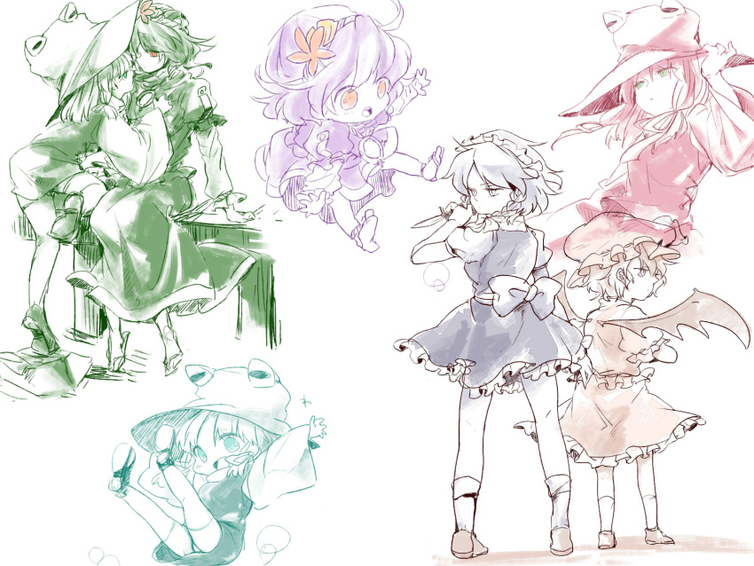 hat, highres, holding, holding_hat, izayoi_sakuya, kiguchiko, moriya_suwako, multiple_girls
