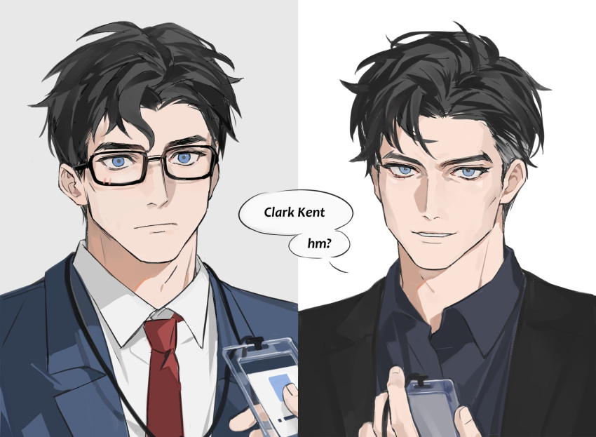 2boys, batman_(series), black-framed_eyewear, black_hair, black_jacket, blue_eyes, blue_jacket, blue_shirt