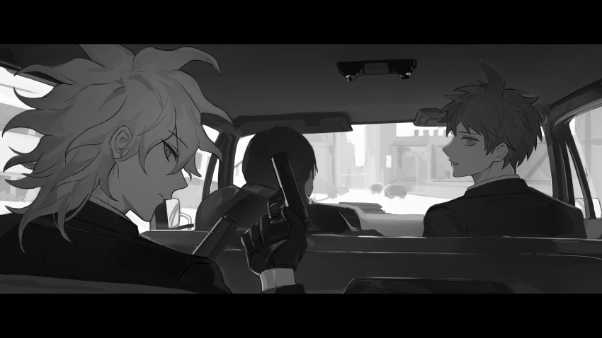 2boys, ahoge, car_interior, commentary_request, danganronpa_(series), danganronpa_2:_goodbye_despair, greyscale, gun, handgun, highres, hinata_hajime, holding, holding_gun, holding_weapon, jacket, komaeda_nagito, letterboxed, long_sleeves, looking_at_viewer, looking_back, male_focus, monochrome, multiple_boys, open_mouth, parted_bangs, quanyou_1103, short_hair, sitting, suit_jacket, weapon