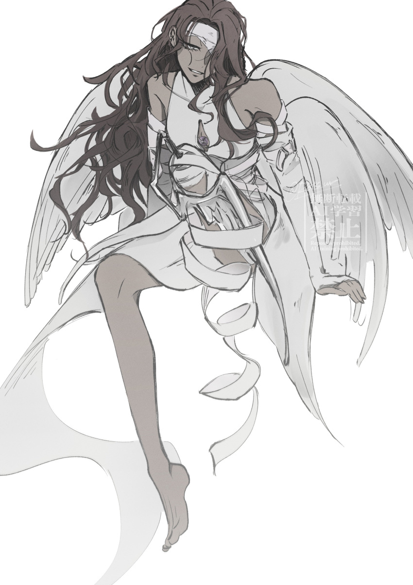 1girl, absurdres, alien_stage, amputee, angel_wings, bandage_over_one_eye, bare_shoulders, barefoot, brown_hair, commentary, dark-skinned_female, dark_skin, dress, elbow_gloves, fingerless_gloves, gloves, highres, hyuna_(alien_stage), long_hair, multiple_wings, one_eye_covered, prosthesis, prosthetic_leg, rotsurs, seraph, simple_background, sleeveless, sleeveless_dress, smile, solo, very_long_hair, watermark, white_background, white_dress, white_gloves, white_wings, wings