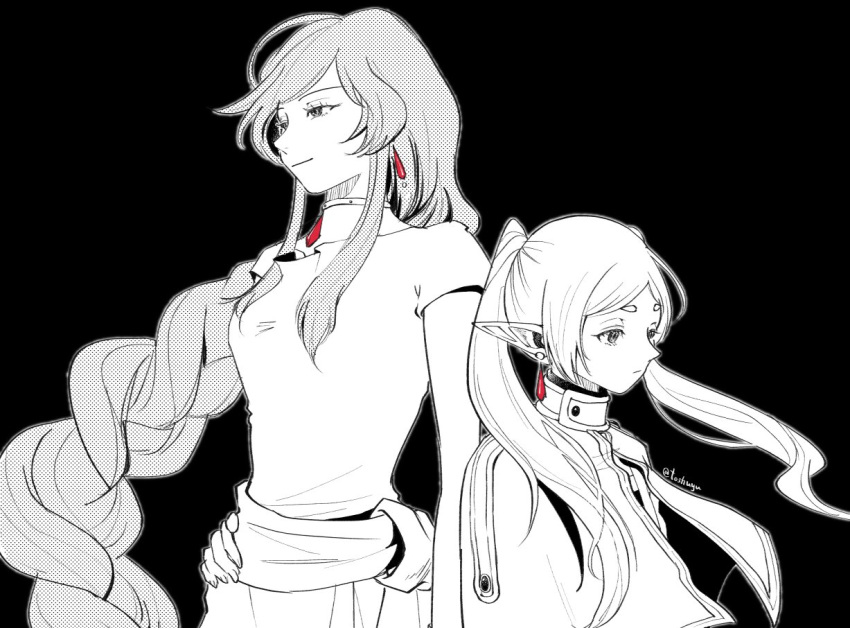 2girls, choker, closed_mouth, commentary_request, dress, earrings, elf, flamme_(sousou_no_frieren)