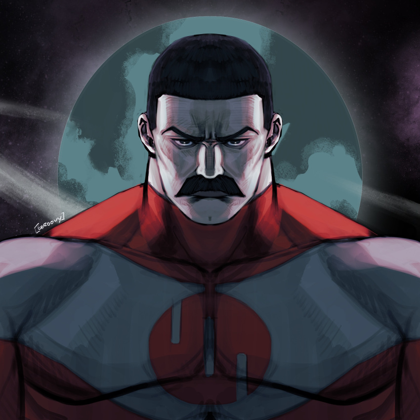 1boy, black_eyes, black_hair, closed_mouth, earth_(planet), facial_hair, groovy_(docilebread), highres, invincible_(series), muscular, muscular_male, mustache, planet, short_hair, thragg_(invincible), viltrumite, viltrumite_clothes