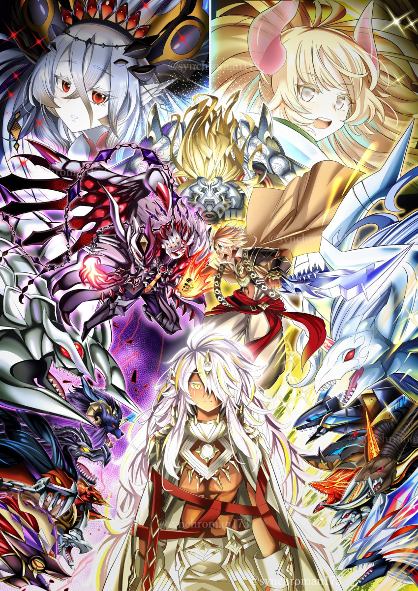 2girls, 3boys, ahoge, alba-lenatus_the_abyss_dragon, alba_system_dogmatikalamity, albaz_(yu-gi-oh!), albion_the_branded_dragon, albion_the_sanctifire_dragon, aluber_(yu-gi-oh!), aluber_the_jester_of_despia, blazing_cartesia_the_virtuous, blonde_hair, brigrand_the_glory_dragon, bystial_baldrake, bystial_druiswurm, bystial_magnumhut, bystial_saronir, closed_mouth, commentary_request, dragon_boy, dragon_girl, dragon_horns, dual_persona, duel_monster, ecclesia_(yu-gi-oh!), fallen_of_albaz, fallen_of_the_white_dragon, hair_between_eyes, highres, horns, incredible_ecclesia_the_virtuous, long_hair, looking_at_viewer, masquerade_the_blazing_dragon, mirrorjade_the_iceblade_dragon, multiple_boys, multiple_girls, open_mouth, pants, pointy_ears, ponytail, red_eyes, sprind_the_irondash_dragon, synchroman, the_bystial_lubellion, titaniklad_the_ash_dragon, twitter_username, very_long_hair, white_hair, white_pants, yellow_eyes, yu-gi-oh!