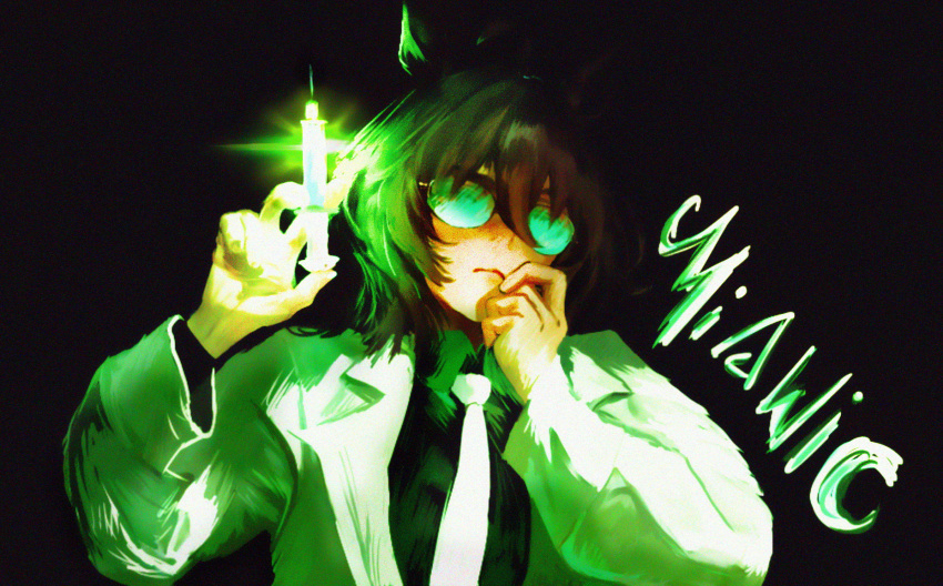 agnes_tachyon_(tach-nology)_(umamusume), agnes_tachyon_(umamusume), doctor, herbert_west_~_reanimator, highres, holding, holding_syringe, horror_(theme), miawic, movie_poster_(medium), original, syringe, umamusume