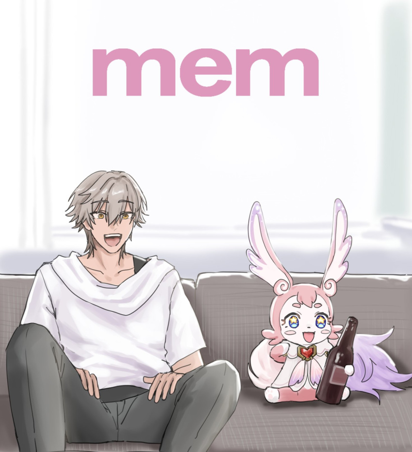 1boy, blush_stickers, bottle, caelus_(honkai:_star_rail), character_name, couch, dh_t23, english_commentary, excited, grey_hair, hand_rest, head_wings, highres, honkai:_star_rail, honkai_(series), looking_ahead, medium_hair, mem_(honkai:_star_rail), on_couch, open_mouth, pants, shirt, sitting, smile, spread_legs, star_(symbol), star_in_eye, symbol_in_eye, trailblazer_(honkai:_star_rail), wings, yellow_eyes