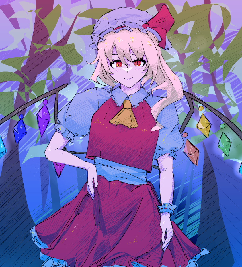 1girl, abstract_background, absurdres, ascot, blonde_hair, commentary, cowboy_shot, crystal_wings, flandre_scarlet, hand_on_own_hip, hat, highres, katalashka, lipstick, looking_at_viewer, makeup, mob_cap, puffy_short_sleeves, puffy_sleeves, red_eyes, red_ribbon, red_skirt, red_vest, ribbon, shirt, short_sleeves, side_ponytail, single_wrist_cuff, skirt, smile, solo, touhou, tree, vest, white_hat, white_shirt, wings, wrist_cuffs, yellow_ascot