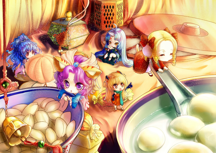 alfimi, animal_ears, antenna_hair, bell, cat_ears, chibi, drill_hair, eating