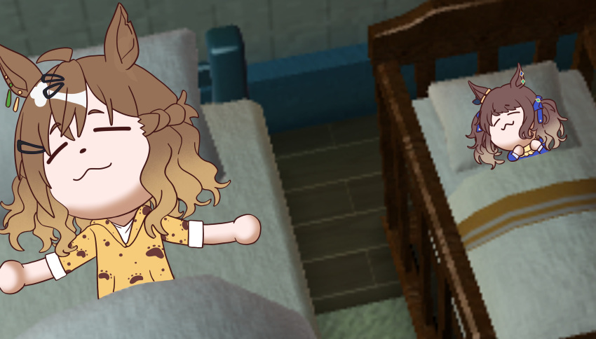 2girls, absurdres, akasukiane04, animal_ears, brown_hair, crib, highres, horse_ears