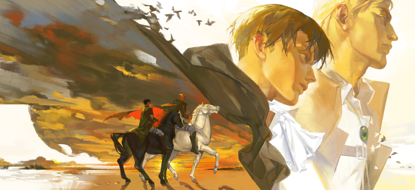 2boys, absurdres, bilingual_commentary, black_hair, black_horse, blonde_hair, boots, brown_boots
