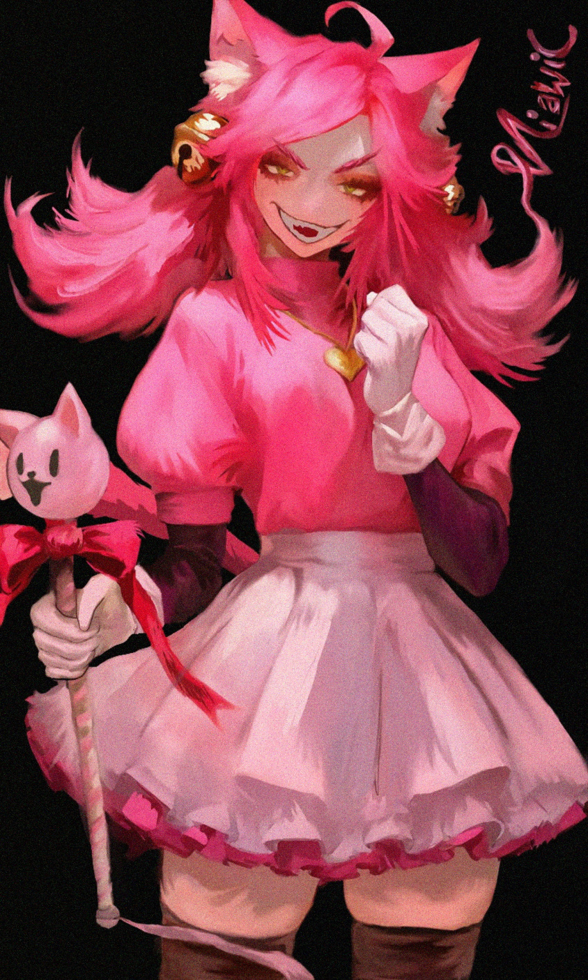 1girl, ahoge, animal_ears, black_thighhighs, cat_ears, cat_girl, commentary, dress, english_commentary, gloves, highres, holding, holding_staff, looking_at_viewer, mad_mew_mew, medium_hair, miawic, open_mouth, pink_dress, pink_hair, self-upload, solo, staff, thigh-highs, undertale, utdr_(toby_fox), white_gloves, yellow_eyes