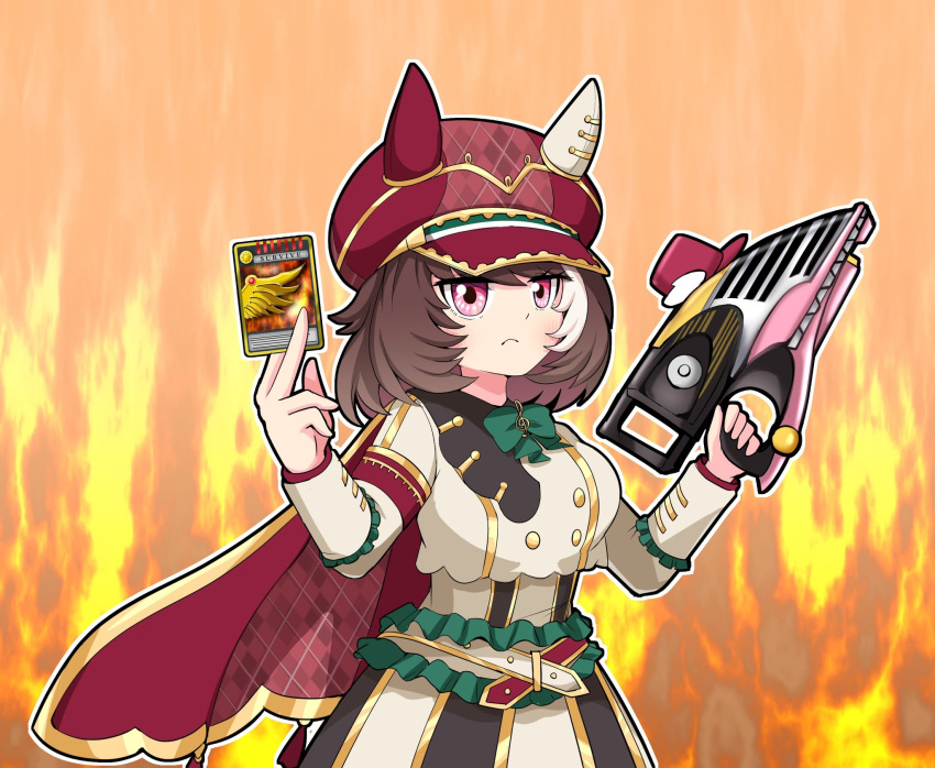 1girl, advent_card, animal_ears, aonoji, ascot, breasts, brown_hair, closed_mouth