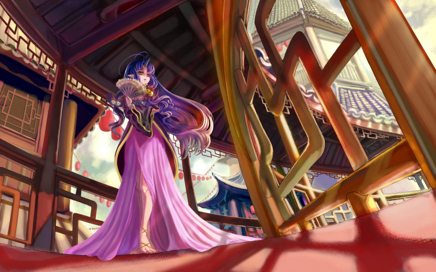 barefoot, bell, east_asian_architecture, fan, highres, horn, horns, long_hair
