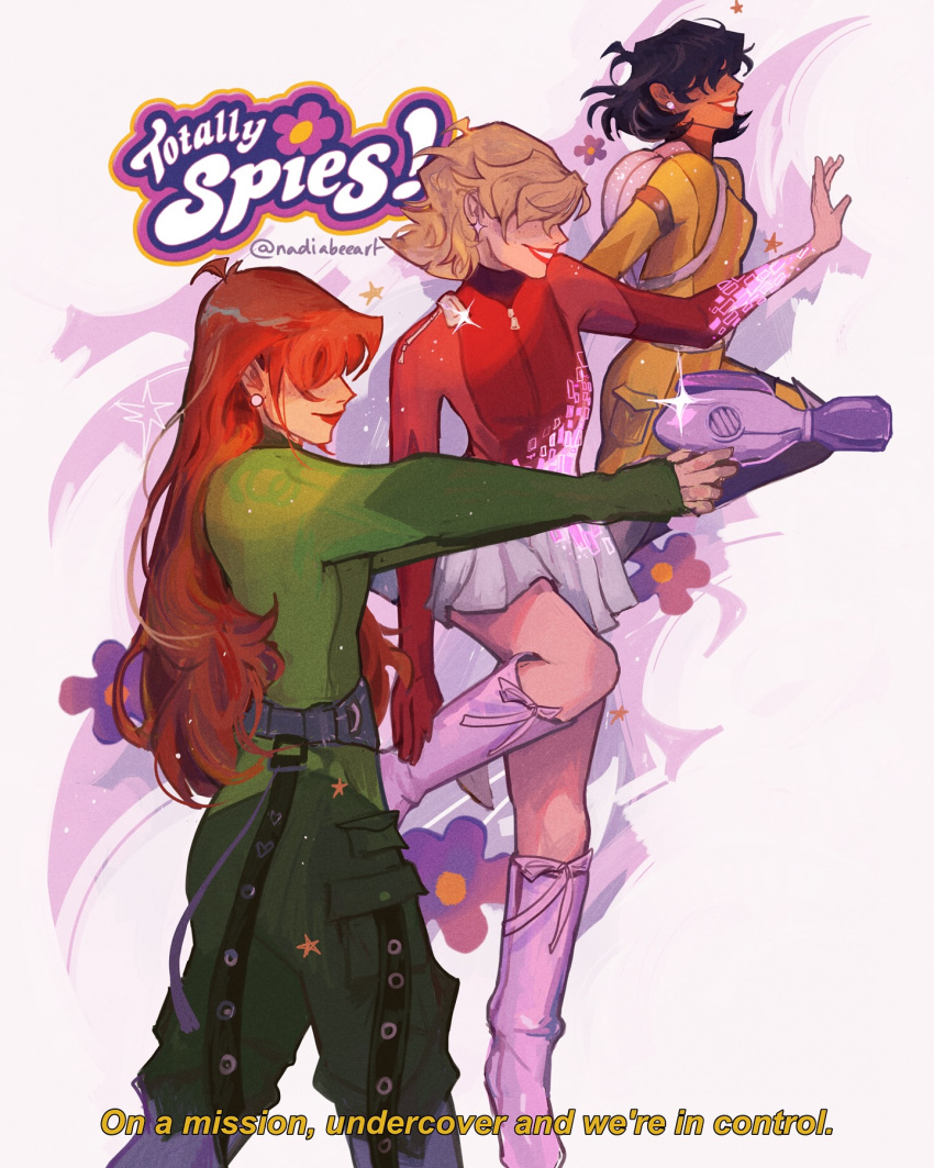3girls, alex_(totally_spies!), belt, black_hair, blonde_hair, boots, clover_(totally_spies!), commentary