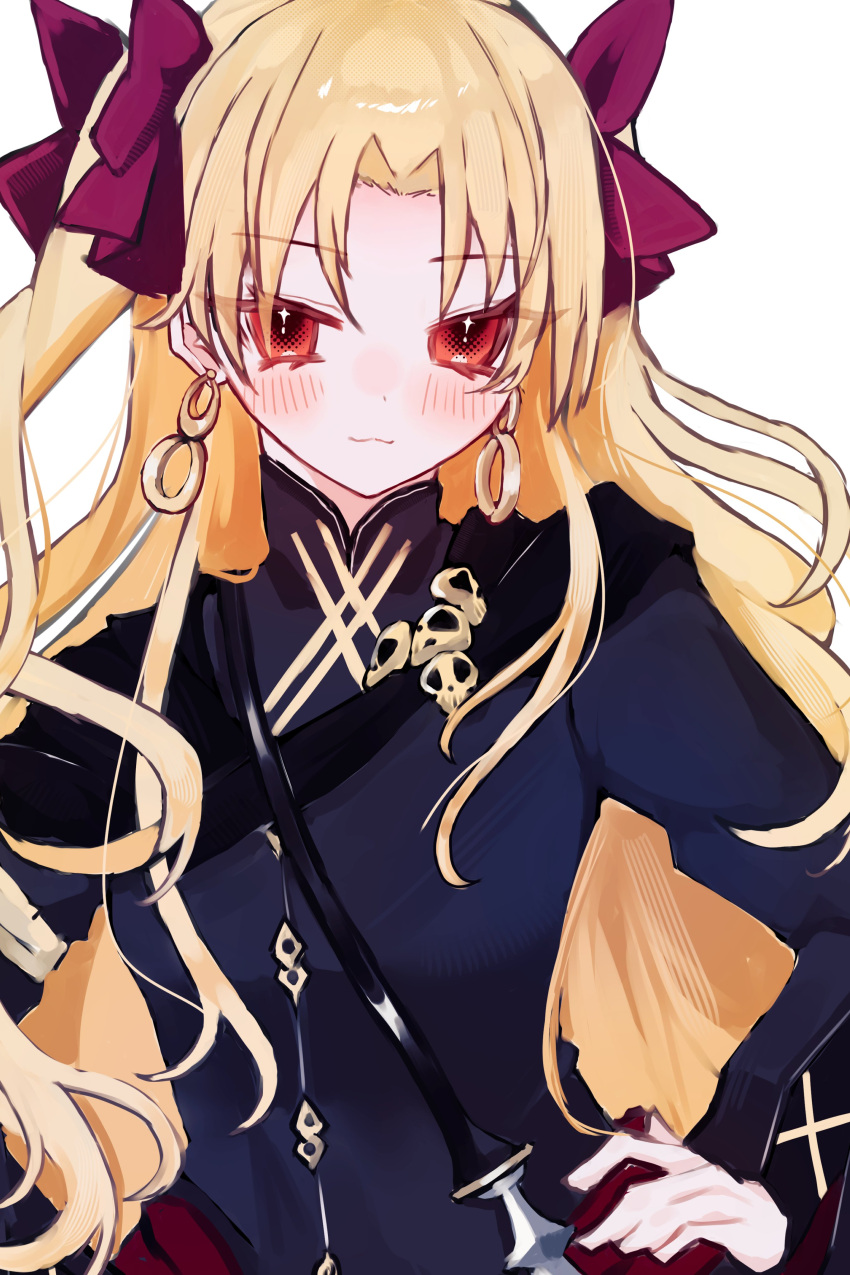 1girl, absurdres, black_dress, blonde_hair, blush, closed_mouth, commentary_request, dress