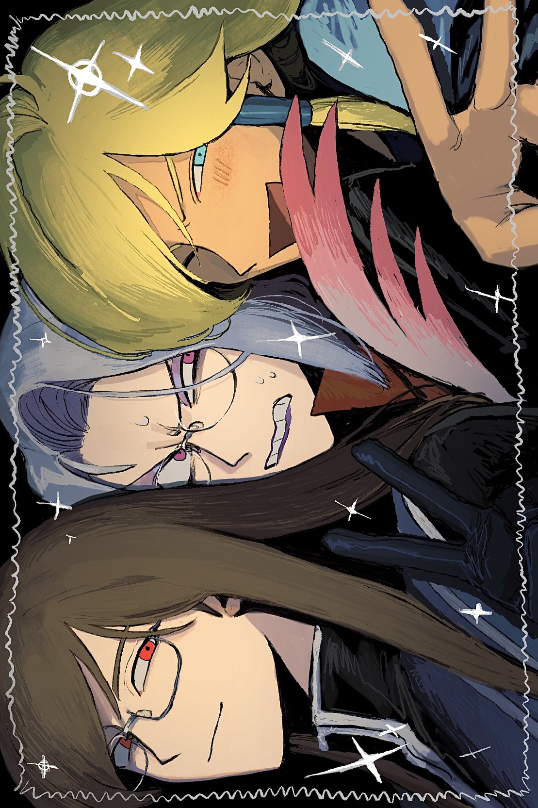 0hyszgzg7k23634, 3boys, blonde_hair, blue_eyes, blue_tunic, blush, brown_hair, closed_mouth