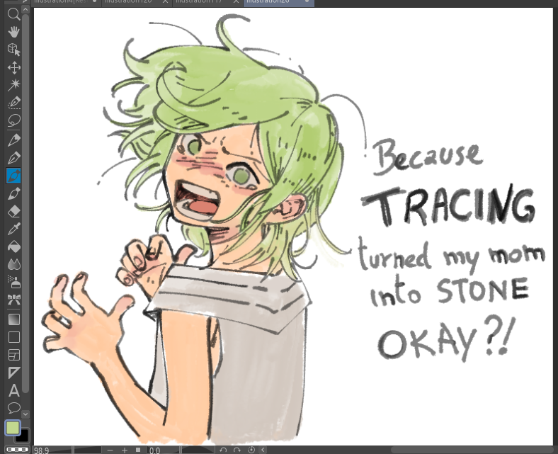 1girl, angry, art_program_in_frame, art_program_request, clenched_hands, coco_(tongari_boushi_no_atelier), colored_skin, commentary, english_commentary, english_text, green_eyes, green_hair, imabeliva, open_mouth, shirt, short_hair, shouting, sleeveless, tearing_up, tears, tongari_boushi_no_atelier, trolls_(series), upper_body, white_background, white_shirt