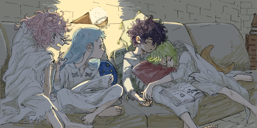 agott_arklaum_(tongari_boushi_no_atelier), blue_hair, book, coco_(tongari_boushi_no_atelier), couch, crossed_legs, full_body, green_hair
