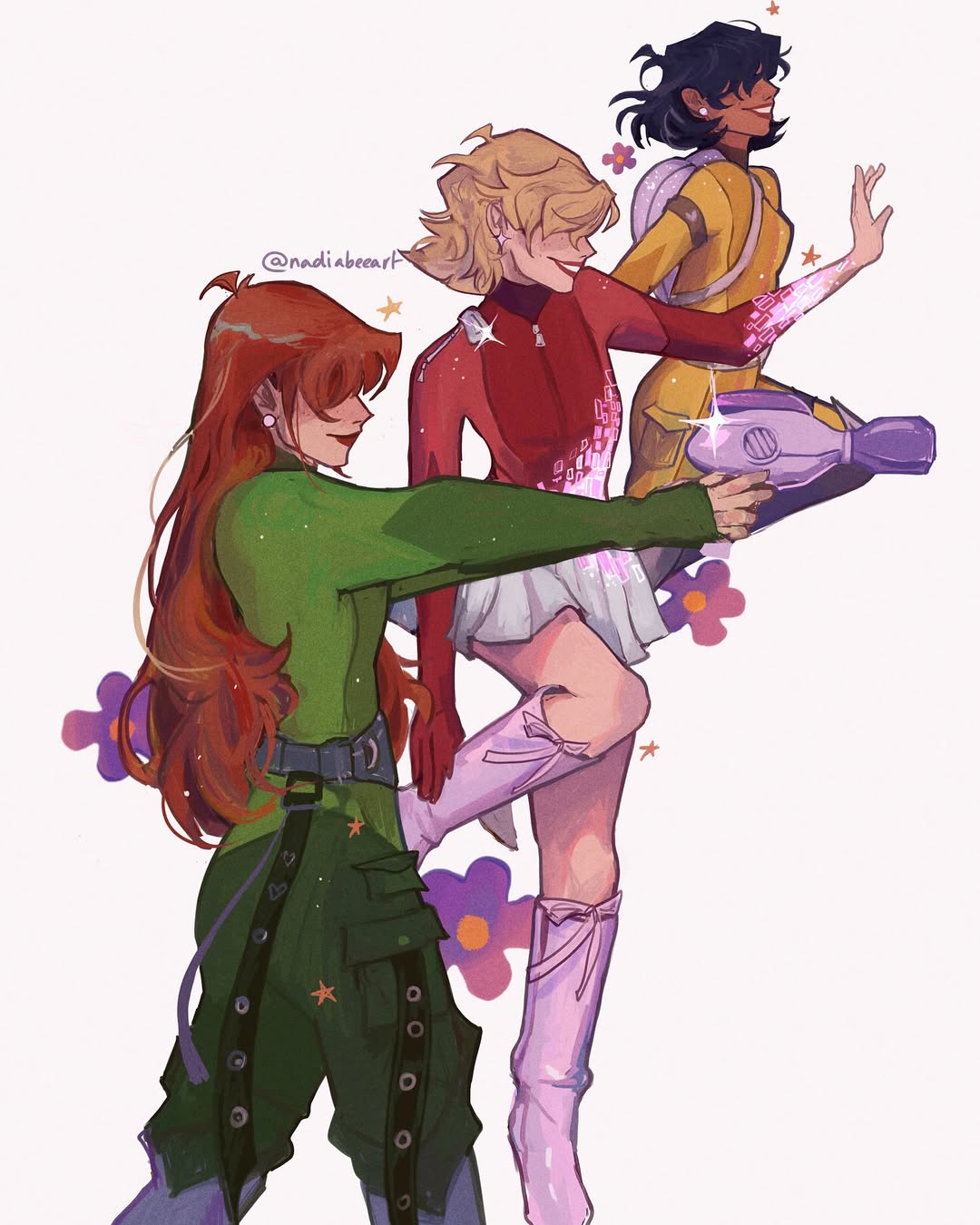 3girls, alex_(totally_spies!), belt, black_hair, blonde_hair, boots, clover_(totally_spies!), commentary