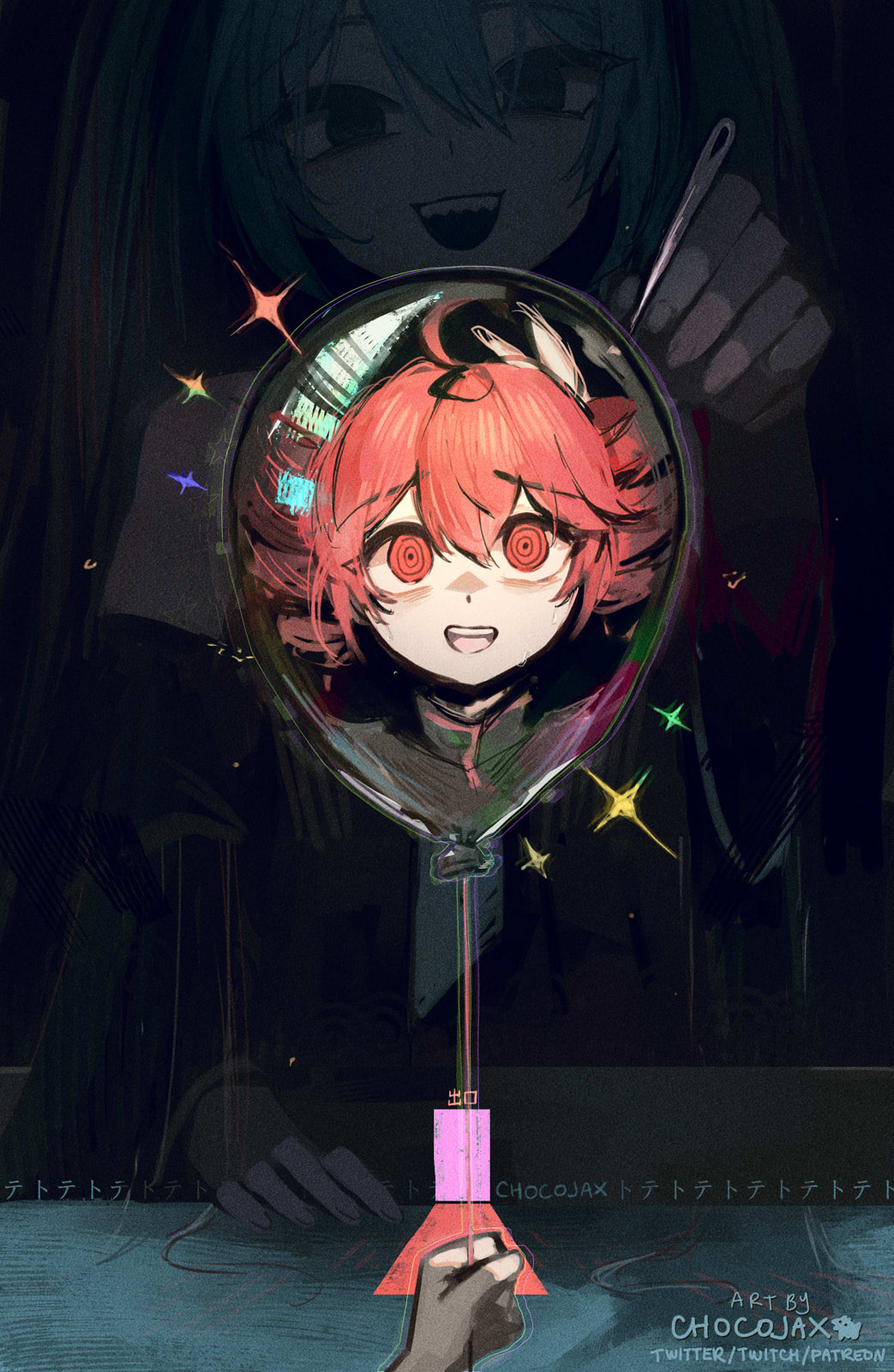 1other, 2girls, ahoge, balloon, blue_hair, chocojax, creator_name, dark