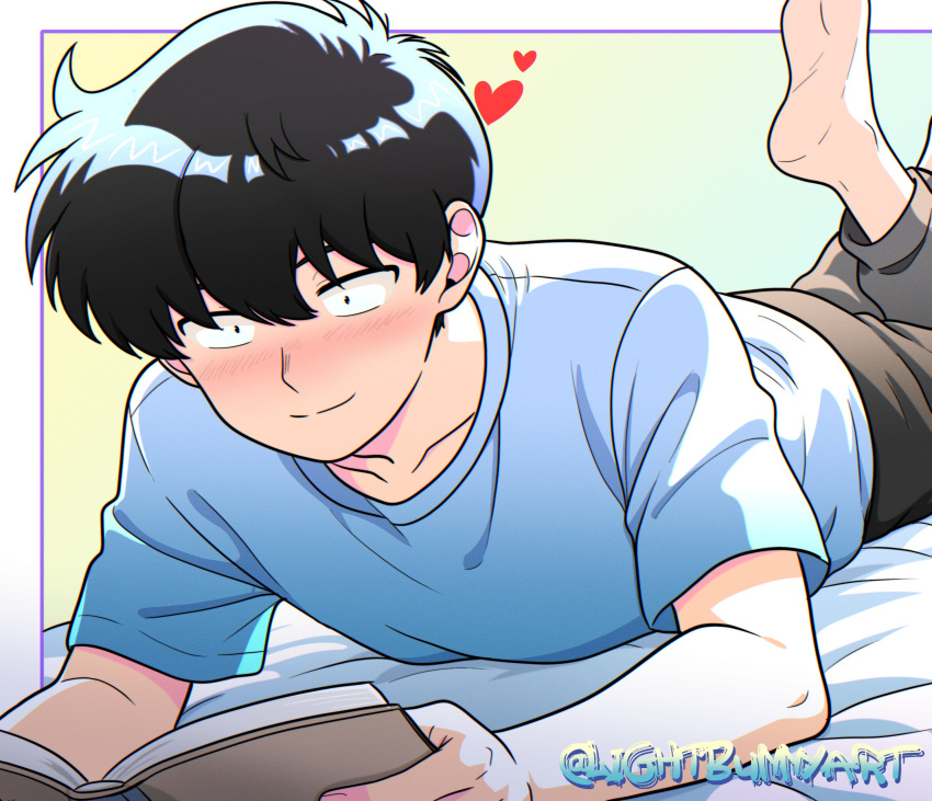 1boy, absurdres, artist_name, barefoot, black_hair, blush, book, collarbone
