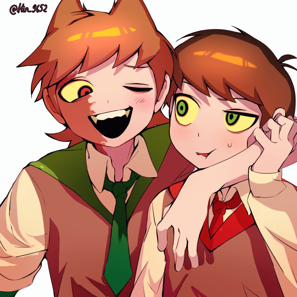 2boys, alternate_costume, animification, antenna_hair, arm_around_shoulder, blush, borrowed_design, brown_hair