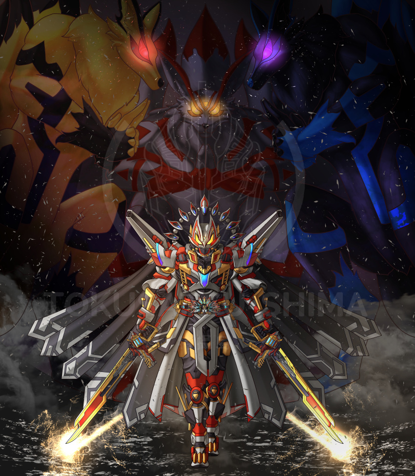 1boy, absurdres, animal_ears, armor, black_armor, black_bodysuit, black_gloves, bodysuit, boost_mark_ix_buckle, cape, commentary_request, desire_driver, dual_wielding, extra_tails, fox_mask, fusion, geats_buster_qb9, gloves, glowing, glowing_eyes, gunblade, helmet, highres, holding, holding_sword, holding_weapon, kamen_rider, kamen_rider_cross_geats, kamen_rider_dooms_geats, kamen_rider_geats, kamen_rider_geats:_four_aces_and_the_black_fox, kamen_rider_geats:_jyamato_awaking, kamen_rider_geats_(series), kamen_rider_geats_ix, male_focus, mask, raise_buckle, rider_belt, solo, sword, tokusatsu, tokusatsushima, weapon, yellow_eyes