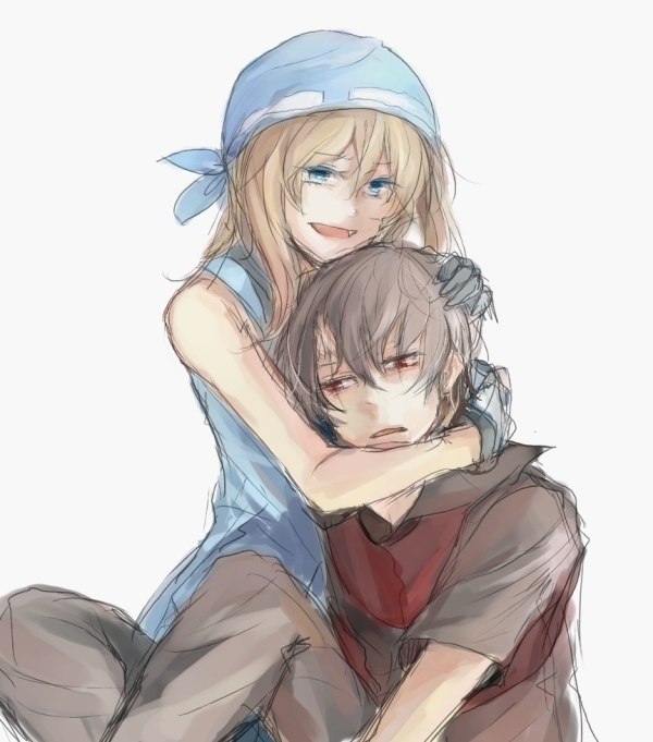 1girl, alternate_costume, bandana, bandanna, brown_hair, couple, fang, hug