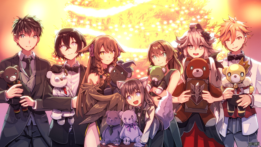 3boys, 4girls, :d, animal_ears, anne_cardo, aura_venefika, black_bow, black_bowtie, black_hair, black_necktie, blue_eyes, book, bow, bowtie, brown_eyes, cat_ears, christmas_tree, copyright_name, dairoku_ryouhei, dress, hair_between_eyes, highres, holding, holding_book, holding_stuffed_toy, kasasakana_(tw), leonhardt_astralis, long_hair, lou_grace, multiple_boys, multiple_girls, necktie, nijo_koharu, one_eye_closed, red_dress, roland_huttenberger, smile, stuffed_animal, stuffed_toy, suit, tail, teddy_bear, traditional_bowtie, vest, yatogami_kyosuke