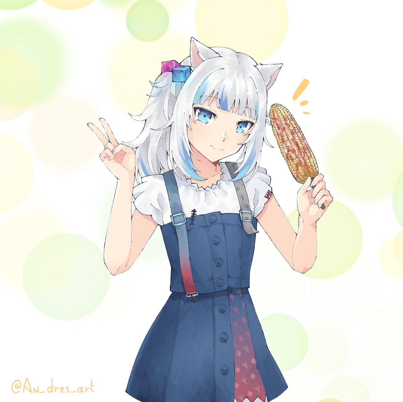1girl, an_dres_art, animal_ears, blue_eyes, blue_hair, blue_skirt, blue_streaks, cat_ears