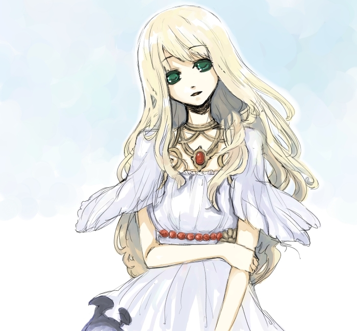 arm_grab, bad_id, blonde_hair, green_eyes, heroine_(sd1), holding_arm, jewelry, kurasawa_moko