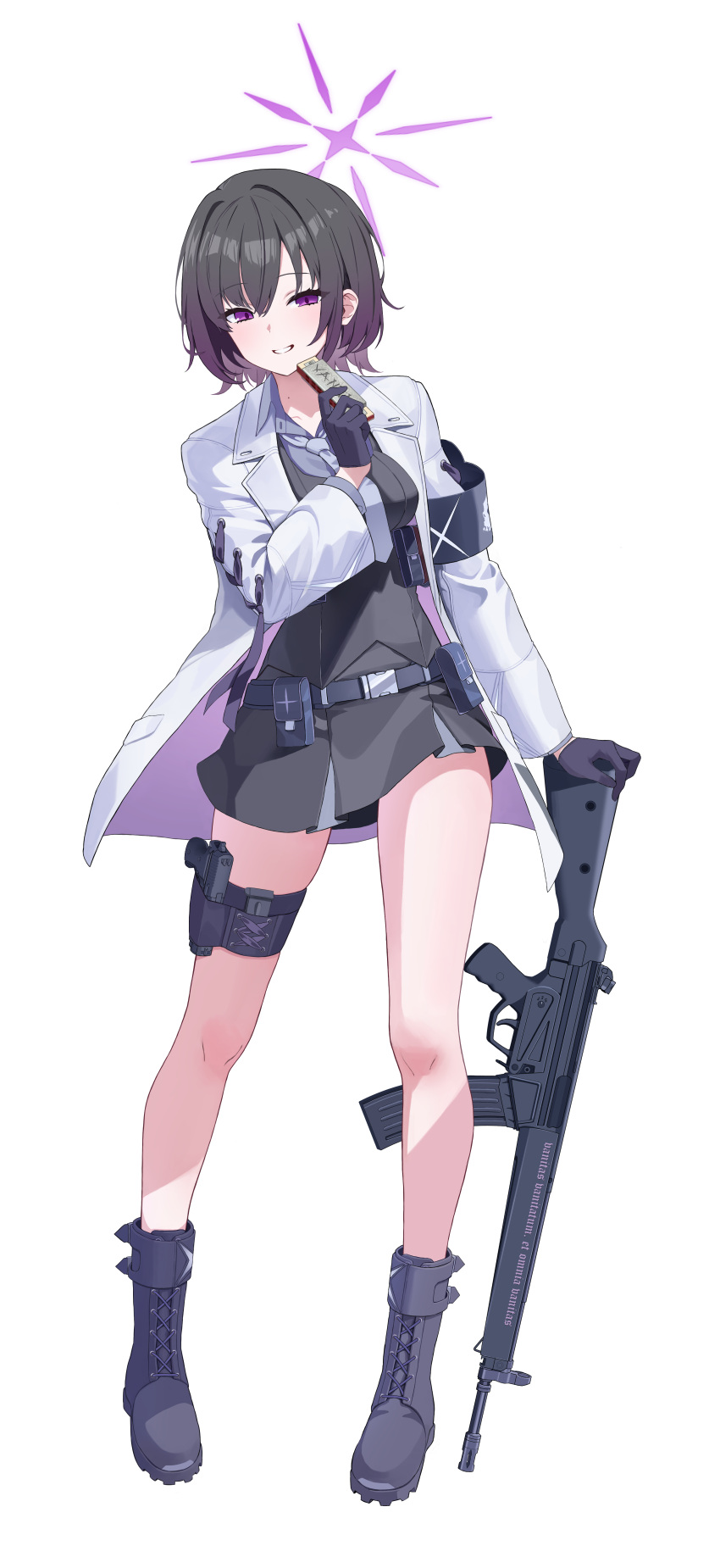 1girl, absurdres, armband, assault_rifle, belt, belt_pouch, black_hair, black_skirt