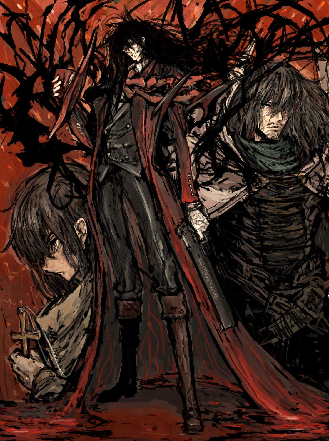 beard, black_hair, cross, facial_hair, grin, gun, hat, hellsing, highres, long_coat, long_hair, moto_murabito, multiple_persona, mustache, red_eyes, smile, spoilers, standing, vladmir_tepes, weapon