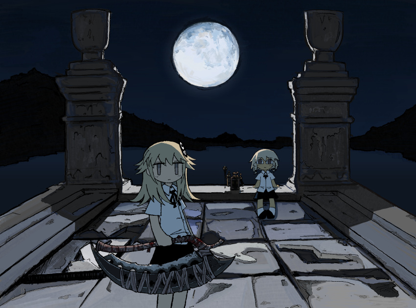 2girls, absurdres, beasthunter_saif, black_skirt, bloodborne, flamesprayer, full_moon, game-bu_(manga), grey_eyes, hair_ornament, highres, holding, holding_weapon, horizon, jitome, long_hair, looking_at_viewer, lspark, moon, multiple_girls, neck_ribbon, night, okano_yukina, omotebayashi_tatakaubeshi, outdoors, ribbon, saw, saw_cleaver, shirt, shoes, short_hair, short_sleeves, sitting, skirt, smile, socks, standing, weapon, white_shirt