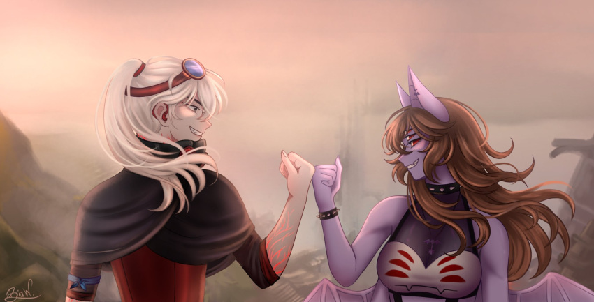 2girls, animal_ears, arkanis, arthropod_girl, bagi_(youtuber), bat_ears, biiahwolf, bracelet