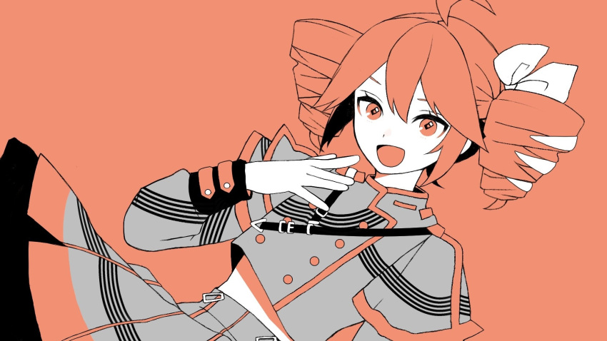 1girl, ahoge, buttons, colored_eyebrows, commentary_request, drill_hair, grey_shirt, grey_skirt, hair_ribbon, hand_up, highres, kasane_teto, kasane_teto_(sv), long_sleeves, midriff_peek, no_teeth, ojou-sama_pose, open_mouth, parted_bangs, red_background, red_eyes, red_theme, ribbon, shi_rushi, shirt, shoulder_belt, skirt, smile, solo, striped_clothes, twin_drills, utau, vertical-striped_clothes, white_ribbon