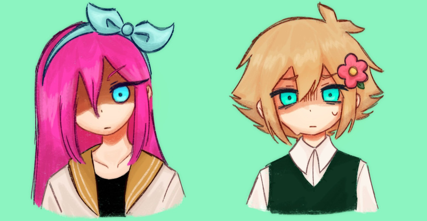 1boy, 1girl, antenna_hair, aubrey_(faraway)_(omori), aubrey_(omori), basil_(faraway)_(omori), basil_(omori), blonde_hair