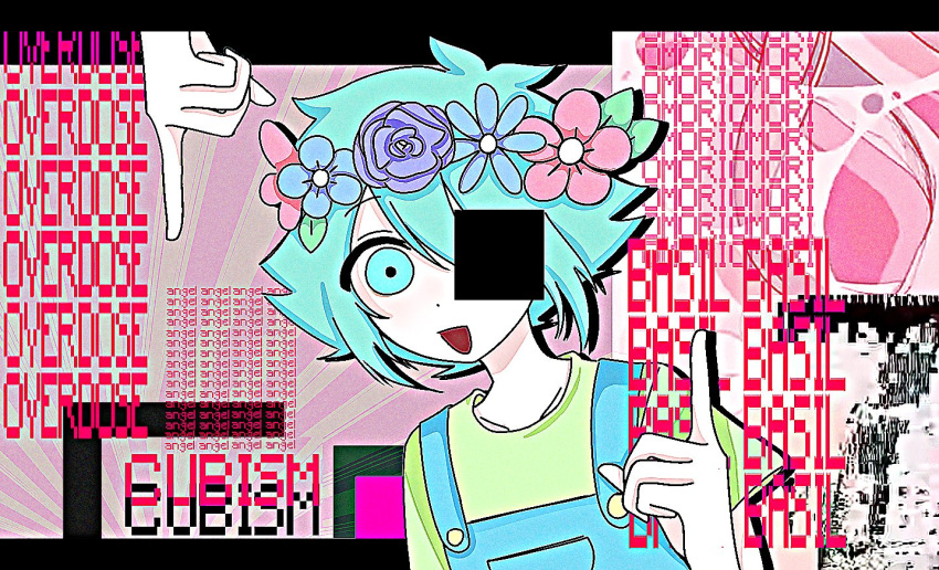 1boy, antenna_hair, basil_(headspace)_(omori), basil_(omori), blue_overalls, collarbone, colored_skin, commentary_request