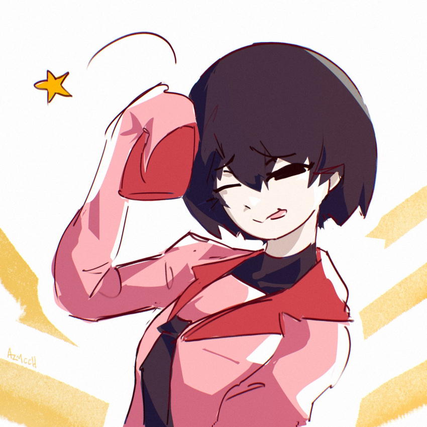 1girl, :p, arm_at_side, artist_name, azmcch, black_eyes, black_hair, black_necktie