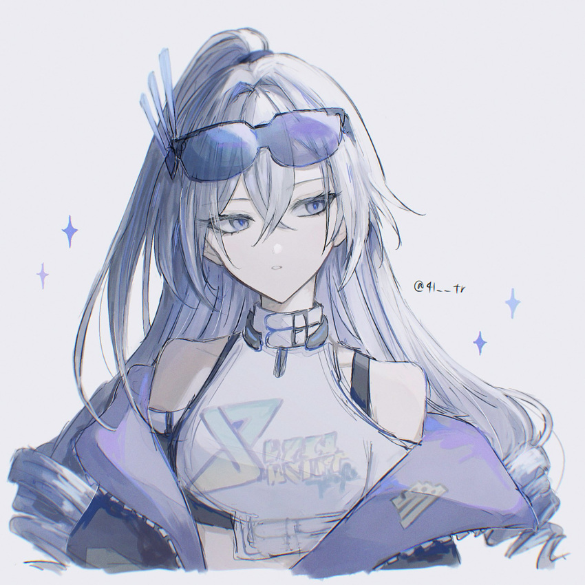 1girl, 41_tr, bare_shoulders, clothing_cutout, crossed_bangs, drill_hair, goggles, goggles_on_head