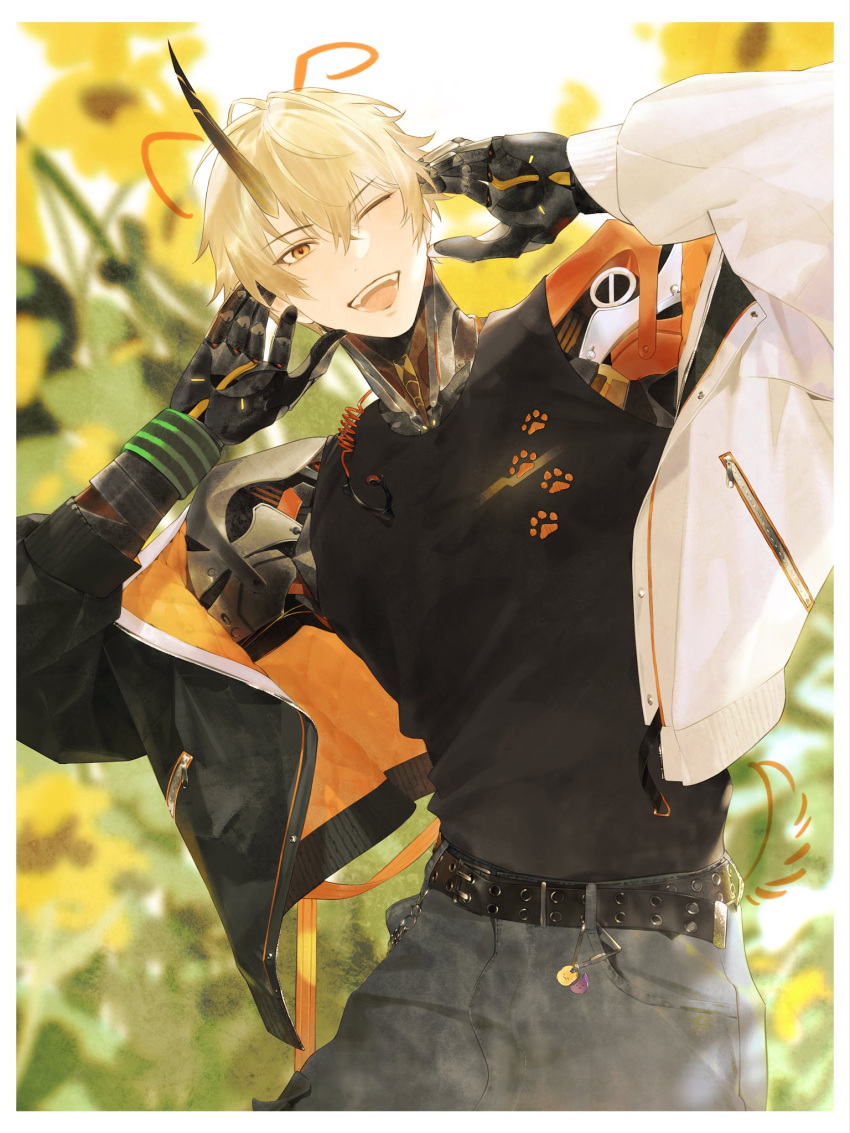 1boy, :d, alternate_costume, arms_up, belt, black_belt, black_jacket, black_shirt