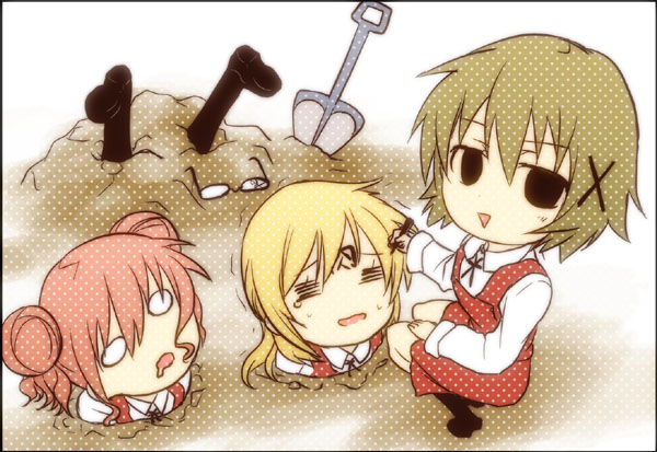 =_=, blonde_hair, body_writing, brown_hair, buried, double_bun, glasses, hair_ornament